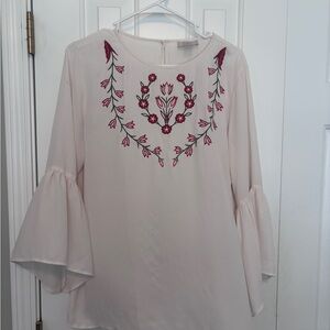 LOFT Cream Blouse with Red Floral Embroidery
